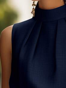 Top sin mangas de cuello alto con pliegues, top ajustado de diseño exclusivo y elegante para el día a día, para mujer, de verano y casual - azul real - Ver 5