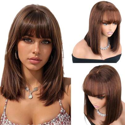 咖啡棕色短款波波头假发，带刘海，真人发丝，4x4蕾丝，无需胶水，即戴即用，12英寸，4号棕色，巴西雷米真人发波波头假发，适合女性日常佩戴