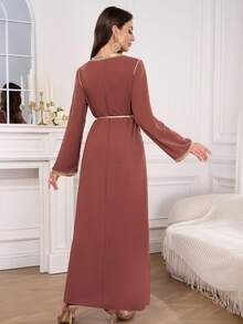 雪纺V领金色蕾丝超长阿拉伯风格女士长裙 - 棕色 - 查看 3