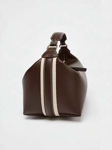 Women's Fashionable Bowling Bag, Adjustable Shoulder Strap, Canvas & PU Leather Small Square Shoulder Bag - Coffee - View 6