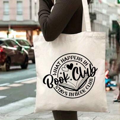 Book Club Tote Bag - "What Happens In Book Club Stays In Book Club" Printed Design With Book & Hearts - Beige & Black Durable Bookshelf Print For Women & Men, Reading Group Gifts, Book Lovers Accessory (No Closure)