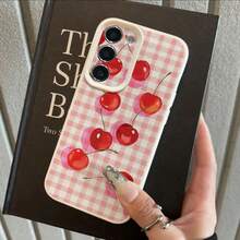1pc TPU Material Sweet Pink Plaid Cherry Pattern Fashionable Phone Case Compatible With Samsung A05s, A12, A13, A14, A14 4G, A15, A21s, A23, A25, A32, A32 5G, A34, A35, A50s, A51, A52, A53, A54, A55, A71, A72, A73, S10, S20 FE, S20 Ultra, S21 Ultra, S22, S22 Plus, S23, S24, Redmi 10C, 12C, Note 10, 11, 12, 13, Pro Plus, Note 8, 9 Pro, Full Protective Soft Phone Cover - White - View 3
