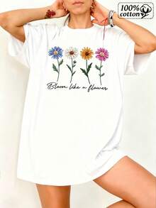 Women's Casual White Cotton Longline T-Shirt With Colorful Flower Graphic And Round Neck Short Drop Shoulder Sleeves - 白色 - 查看 1