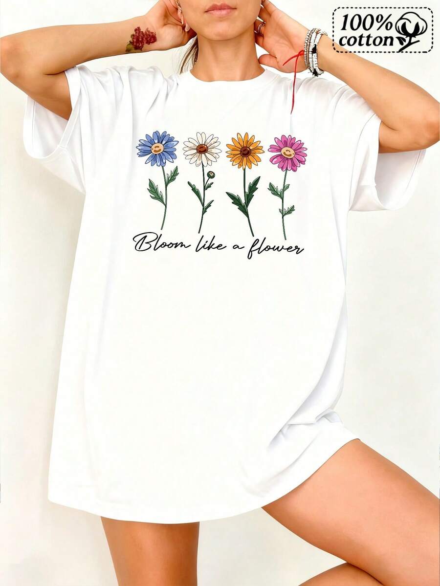 Women's Casual White Cotton Longline T-Shirt With Colorful Flower Graphic And Round Neck Short Drop Shoulder Sleeves - 白色 - 查看 1