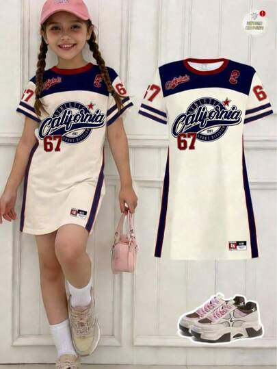 女童休闲连衣裙，创意设计，高端字母标语和图案印花，舒适温暖的秋季款式，现代廓形，适合日常外出，Y2K街头风。