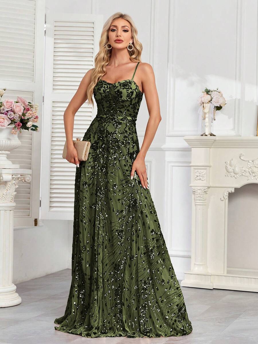 hezixi Elegant Sequin Sexy Evening Gown, Long Mermaid Style Formal Ball Gown Luxury Wedding Party Cocktail Dress, Women Dress, Wedding Guest Dress - 橄欖綠 - 查看 1