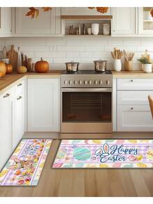 2pcs Easter Kitchen Mat Set, Happy Easter Kitchen Rug, Pink And Blue, Animal Pattern, Non-Slip And Anti-Tripping - contracted design - View 1