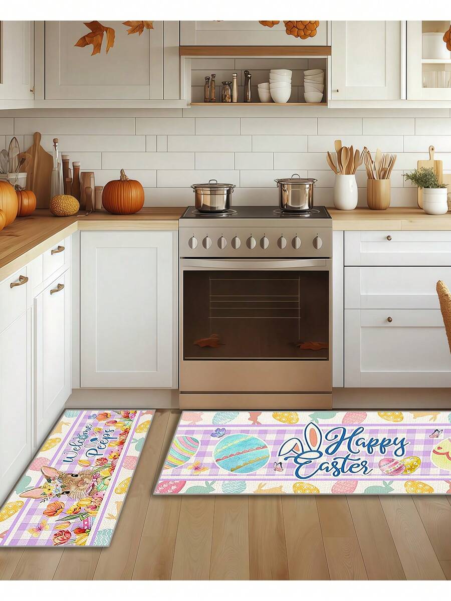 2pcs Easter Kitchen Mat Set, Happy Easter Kitchen Rug, Pink And Blue, Animal Pattern, Non-Slip And Anti-Tripping - contracted design - View 1
