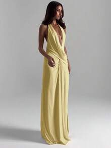 Sunshine Yellow Evening Gown, Fashionable Neck-Revealing Backless Deep V-Neck Sexy Slit Floor-Length Dress For Women, Glamoratti Aesthetic De Skirt - Màu vàng - Xem 6