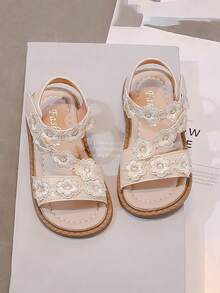 1 Pair Girls Lace Trim Sandals, Soft Sole Non-Slip Princess Style Casual Hook And Loop Sandals - Beige - View 15
