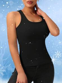 1pc Thick Lining Camisole, 2-In-1 With Built-In Cup Holder, Ribbed Fitted Tank Top, Suitable For Spring, Summer, Autumn, Winter - Black - View 2