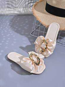 1 Pair Cute Bow Design PU Leather + Massage Pad Soft Bottom Non-Slip Flat Baby Sandals, Fashion Comfortable Versatile Girls Slippers, Suitable For Spring, Summer, Autumn, Outdoor Wear - Beige - View 2