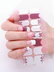 16片法式美甲贴，粉紫色蝴蝶结亮片全覆盖美甲贴纸，沙龙级效果，易于粘贴，是女士日常休闲DIY美甲的理想之选。美甲用品 - 白色 - 查看 2