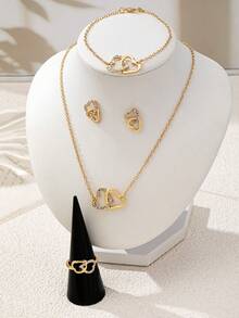 Set de 5 piezas con collar, aretes, pulsera y anillo con incrustaciones de rhinestone, creativos y únicos - Multicolor - Ver 5