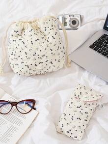 1 pieza/set Bolsa de almacenamiento de maquillaje acolchada con estampado floral, bolsa de almacenamiento portátil para gafas de niña de color azul con gancho, set de bolsas de almacenamiento de viaje de gran capacidad y estilo vintage, bolsa de almacenamiento multifuncional para bolso, bolsa de cosméticos ligera, bolsa de almacenamiento con estampado kawaii, bolsa linda para gafas de sol con cierre de hebilla, estuche para gafas, estilo INS, bolsa para gafas de mujer, regalo para el Día de San Valentín, artículo esencial para viajar, artículo esencial para dormitorio, decoración de habitación - Azul Marino - Ver 2