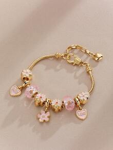 心形花朵吊坠手链 经典心形水钻手链 心形T字手链 时尚金色心形手链 女孩情人节礼物 - 彩色 - 查看 6