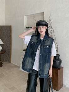 Vintage Minimalist Distressed Layered Loose Casual Sleeveless Denim Vest Jacket Summer - Blue - View 1