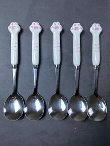 1pc/2pcs/5pcs Stainless Steel Spoon, Fork, Cartoon Cute Long Handle Tableware, Household, Creative, Student, Children Eating Spoon - Silver - View 10