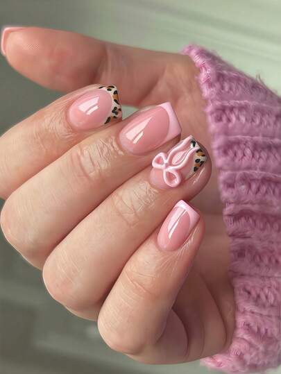 French Leopard Print Acrylic Nails 24Pcs Short Square Press On Nails, DIY Art Bow Fake Nail Set 3D, For Nail Salons Girls And Women Nail Supplies Daily Wear, Holiday Parties And Gifts