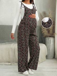 Adjustable Strap Ditsy Floral Maternity Jumpsuit - Black - View 4