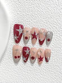10件套美甲凝胶套装，法式风格，亚克力美甲贴片，手绘不对称红色五芒星，金色和银色五芒星美甲装饰，银色和白色不对称珠子点缀，包含美甲工具（1个果冻贴片+1个指甲锉），3种尺寸：杏仁形、鸭嘴形、棺材形美甲贴片 - 彩色 - 查看 12