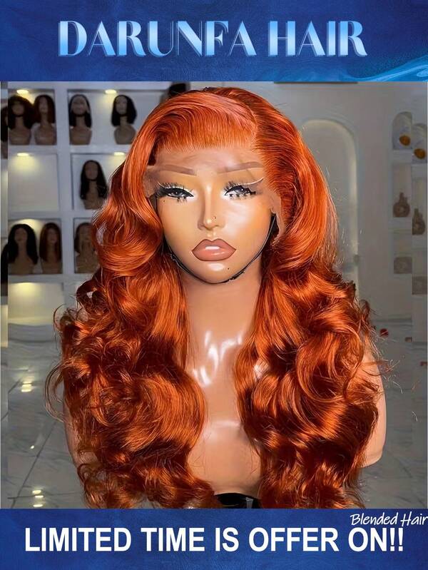 34 Inch 13x4 Lace Front Wigs Blended Human Hair Pre Plucked 200% Density Body Wave HD Lace Front Wigs Human Hair Transparent Frontal Glueless Wigs Virgin Human Hair With Baby Hair For Women #350 Ginger Color