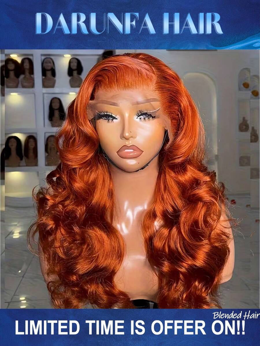 34英寸 13x4 蕾丝前假发，混合真人发，预先拔毛，200%密度，水波纹高清蕾丝前假发，真人发透明前额无胶假发，带婴儿发，女士专用，#350 姜黄色 - S350 - 查看 1