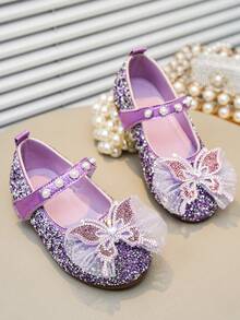 Girls' Princess Flat Shoes With Bow, Rhinestone & Pearl Decor, For School/Campus - Purple - View 5