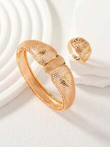 2pcs Rose Gold Plated Grid Flower Bangle & Ring Set, Heart Matte Textured Bracelet & Ring Jewelry Set, Daily Stacking, Ideal Gift For Ramadan - Rose Gold - View 7