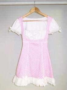 Women's Gingham Babydoll Patchwork Mini Dress White Bow Lace Trim Bow Tie Puff Sleeve Dress Comfortable And Stylish A Line Mini Skirt Cosplay Costume - 粉色 - 查看 3
