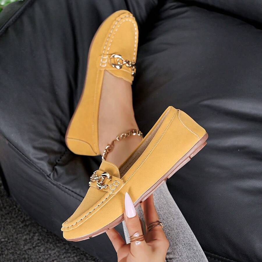 1 Pair Women's Casual Slip-On Flat Loafers, College Style Versatile Yellow Moccasins For Daily, Outdoor, Commute, Sports, Suitable For All Seasons, Ramadan/Holiday Gift