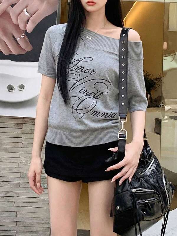 Women's New Summer Short Sleeve T-Shirt, Korean Design Loose Asymmetrical Shoulder Knit Top, Letter Embroidery