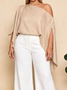 Women's Plus Size Flowy Tops Fashionable Solid Color Batwing Sleeve Off One Shoulder Loose Fit Blouse For Casual Daily Wear - 駝色 - 查看 3