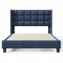 Upholstered Bed With Its Padded Headboard, Double Bed With Slatted Base, 140x200cm, In Blue Linen, Medium Firm (Without Mattress) - Blue + Linen + 140cm*200cm - View 4