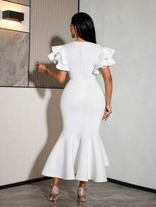 Vestido elegante y noble blanco ajustado con bajo de sirena para mujer AOMEI, escote en forma de corazón, mangas cortas con volantes, elegante para fiesta, invitada de boda, aniversario de boda, vestido de verano - Blanco - Ver 2