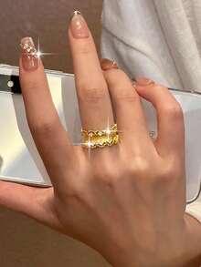 1pc Minimalist Chic Openable Gold-Plated Ring, Elegantly Embedded Cubic Zirconia Charm Ring, Suitable For Bride, Engagement, Wedding, Girlfriend Birthday, Date Gift - Yellow Gold - View 7