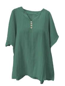 Atasan Kaos Kasual Kancing Depan Lengan Pendek Leher V Elegan Ukuran Besar untuk Wanita Musim Panas - Mint Green - View 3