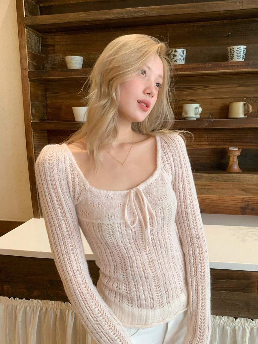 Slim Fit Hollow Out Knit Sweater For Women, Long Sleeve Top - Pink - View 1