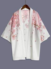 Japanese Style Haori Cardigan, Harajuku Retro Minimalist Floral Print Kimono, Group Performance Costume White - White - View 1