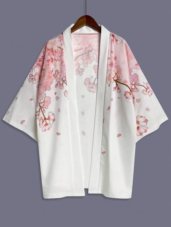 Japanese Style Floral Print Kimono Cardigan, Vintage Inspired Loose Fit Spring/Summer Unisex Casual Outerwear, Beach/Holiday/Travel Lightweight Jacket, Thin Coverup, Haori Robe Vacation White
