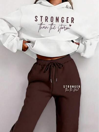 [Casual Two-Piece Set] Women's Casual Two-Piece Set Sweatshirt & Joggers | Long Sleeve Pullover With Pockets, Brown, Spring/Fall Fashion, Relaxed Fit Joggers, Letter Print Top, Casual Wear, Comfortable Basic Daily Outfit, Local Warehouse Discount