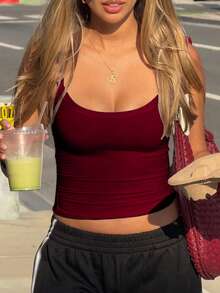 Vaiaye 女士时尚内衣风上衣，春夏圆领修身休闲度假性感吊带背心，无袖吊带T恤，适合日常穿着、工作通勤。 - 玫紅色 - 查看 6