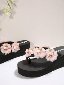 春夏EVA度假风波西米亚坡跟拖鞋，中国风花卉女士凉鞋 - 黑色 - 查看 5