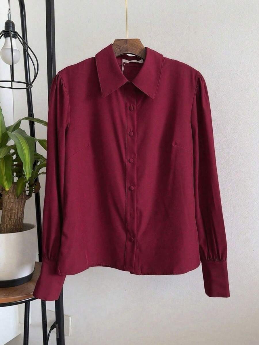 Women's White Shirt With Puff Sleeves JEMMY MODA - 酒紅色 - 查看 1