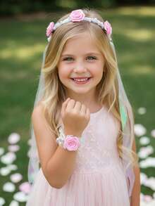 2pcs/Set Pink Rose Flower Crown + Flower Bracelet Set, For Girls, Ice & Snow Themed Wedding, Bridal, Party, Photo Booth Props, Wedding Decor, Flower Crown, Wrist Flower, Valentine's Day Gift, Parent-Child - Pink - View 6