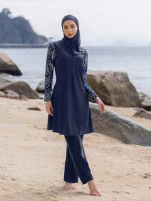Bộ đồ bơi kín đáo 3 món gồm áo dài tay, quần dài và mũ trùm đầu, kiểu Trung Đông, đồ bơi kín đáo toàn thân cho nữ mùa hè đi biển. - Màu xanh lam - Xem 1