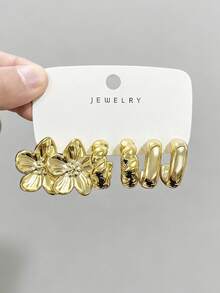 Set de 6-18 piezas de aretes con diseños de flor, gota y en forma de C en color dorado, adecuado para salidas, vacaciones y fiestas - Dorado - Ver 3