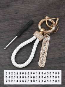 1pc Braided Rope Rhinestone Keychain, Finger Ring Lanyard, Car Key Chain Holder - Diamond-studded Weave - View 5