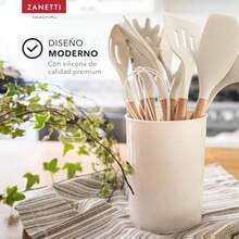 Juego 11 utensilios cocina silicona y madera con cubeta almacenamiento - Blanco - Ver 6