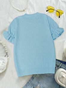 Women's Casual Solid Color Round Neck Frill Trim Ruched Short Sleeve Loose Wool Blend T-Shirt Top, Spring/Autumn Summer - Blue - View 6